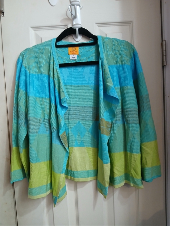 Ruby Rd. Sweaters - Ruby Rd Cardigan Sweater Size PL Petite L Open Front Blue Green Striped 100% Acr